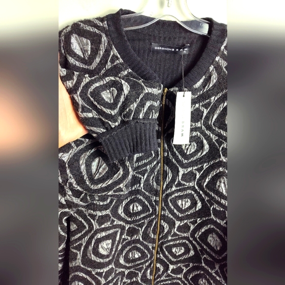 NWT Gershon Bram light wool blend coat art to wear abstract print textured black - Picture 7 of 11